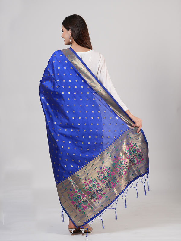 Navy Blue Paithani Silk Dupatta with Gold Zari Butti & Traditional Border (Size: 2.5x1 m Approx)