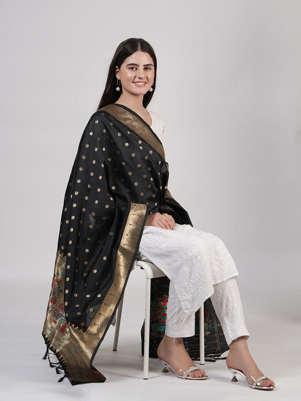 Black Paithani Silk Dupatta with Gold Zari Butti & Traditional Border (Size: 2.5x1 m Approx)