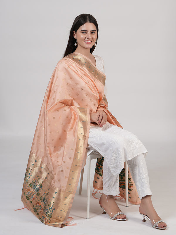 Peach Paithani Silk Dupatta with Gold Zari Butti & Traditional Border (Size: 2.5x1 m Approx)