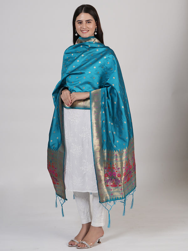 Teal Paithani Silk Dupatta with Gold Zari Butti & Traditional Border (Size: 2.5x1 m Approx)