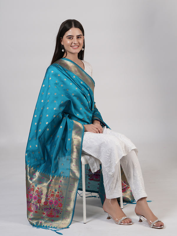 Teal Paithani Silk Dupatta with Gold Zari Butti & Traditional Border (Size: 2.5x1 m Approx)
