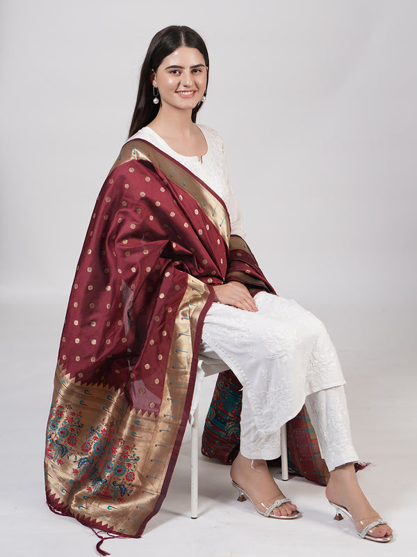 Maroon Paithani Silk Dupatta with Gold Zari Butti & Traditional Border (Size: 2.5x1 m Approx)