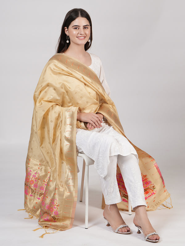 Cream Paithani Silk Dupatta with Gold Zari Butti & Traditional Border (Size: 2.5x1 m Approx)