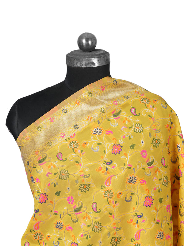 Yellow Kashmiri Silk Dupatta with Multicolour Floral Vine Weave & Zari Border (Size: 2.5x1 m Approx)