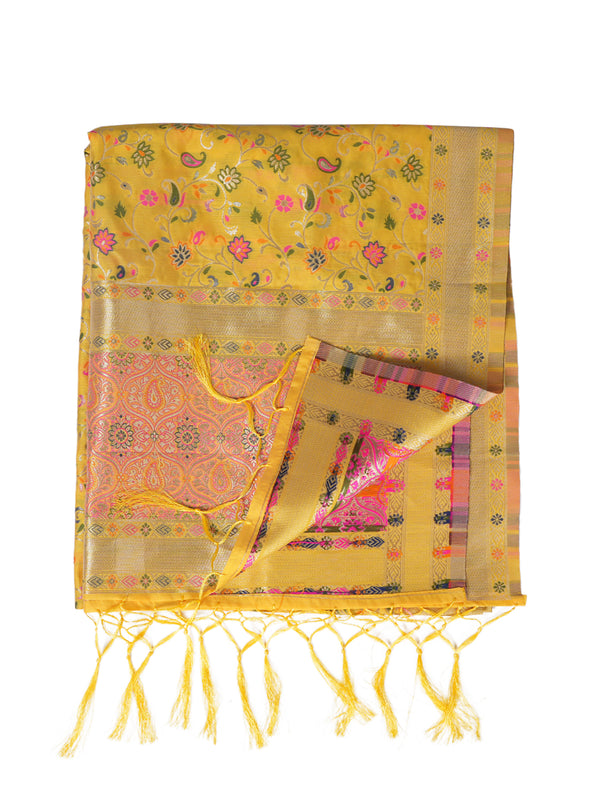 Yellow Kashmiri Silk Dupatta with Multicolour Floral Vine Weave & Zari Border (Size: 2.5x1 m Approx)