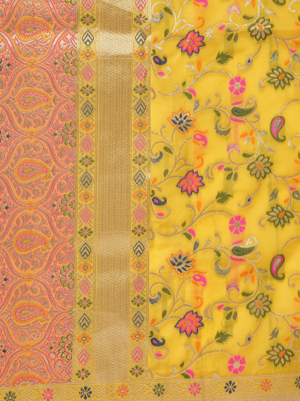 Yellow Kashmiri Silk Dupatta with Multicolour Floral Vine Weave & Zari Border (Size: 2.5x1 m Approx)
