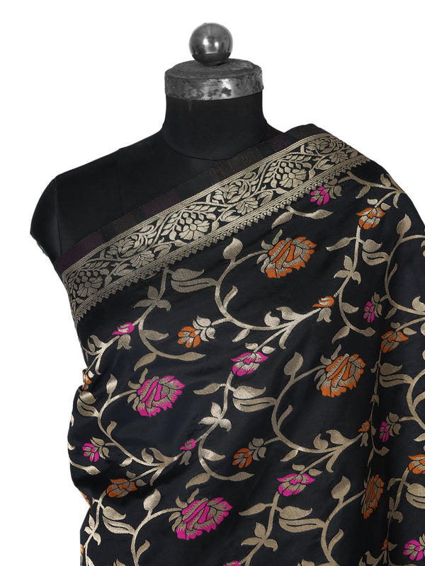 Black Paithani Silk Dupatta with Floral Zari Jaal & Traditional Border (Size: 2.5x1 m Approx)