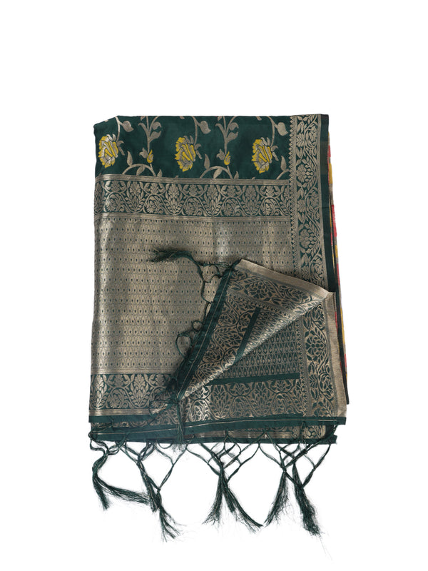 Bottle Green Paithani Silk Dupatta with Floral Zari Jaal & Traditional Border (Size: 2.5x1 m Approx)