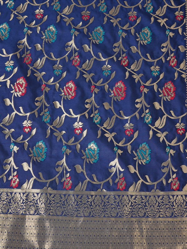 Blue Paithani Silk Dupatta with Floral Zari Jaal & Traditional Border (Size: 2.5x1 m Approx)