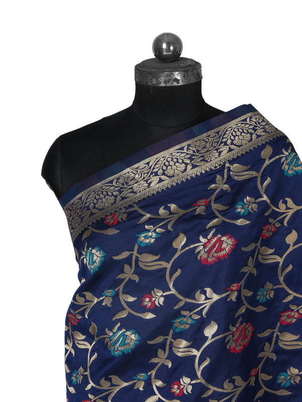 Blue Paithani Silk Dupatta with Floral Zari Jaal & Traditional Border (Size: 2.5x1 m Approx)