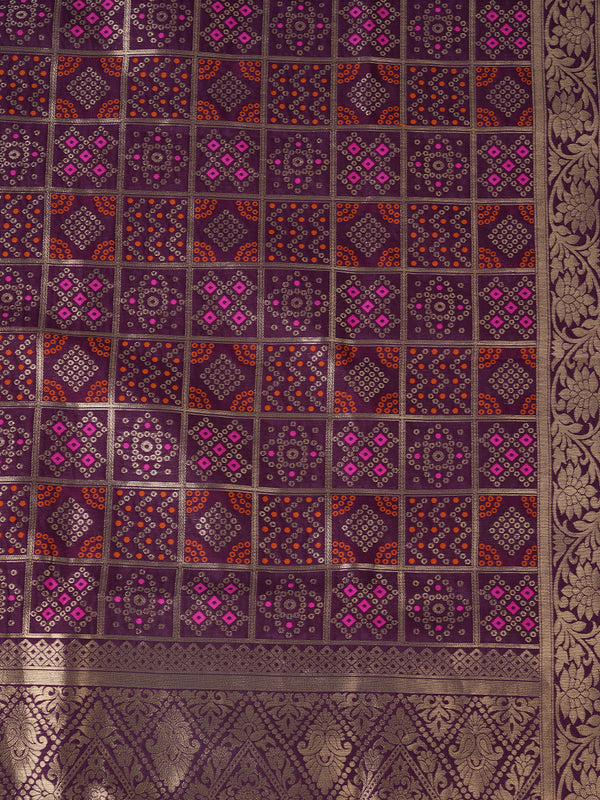 Purple Paithani Silk Dupatta with Geometric Zari Jaal & Traditional Border (Size: 2.5x1 m Approx)