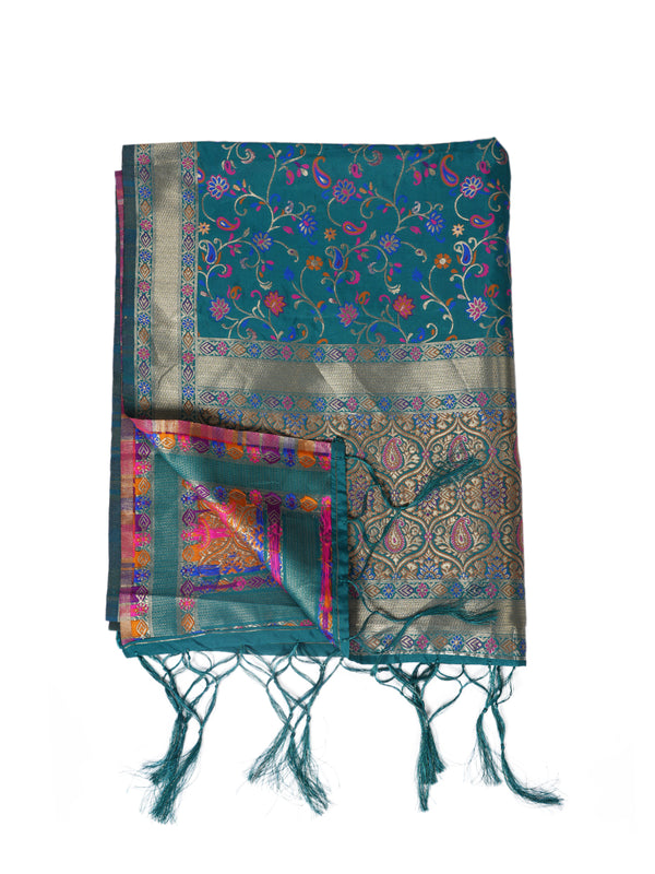 Teal Kashmiri Silk Dupatta with Multicolour Floral Vine Weave & Zari Border (Size: 2.5x1 m Approx)