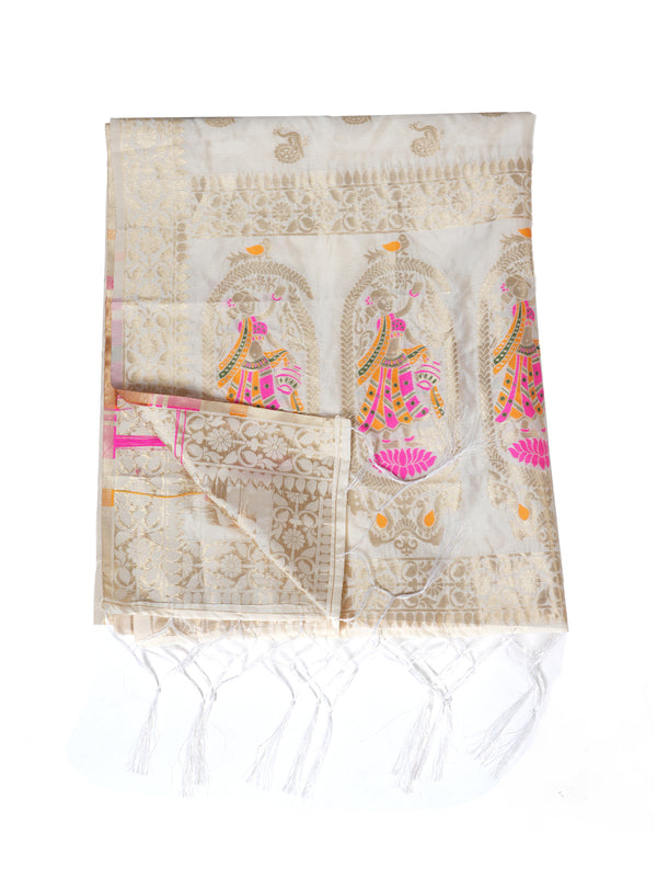 Off White Paithani Silk Dupatta with Traditional Peacock Motifs (Size: 2.5x1 m Approx)
