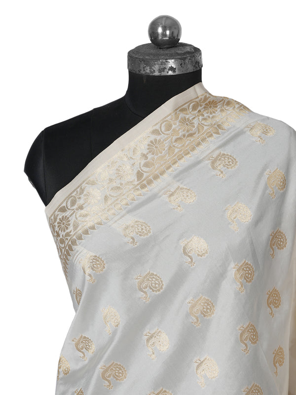 Off White Paithani Silk Dupatta with Traditional Peacock Motifs (Size: 2.5x1 m Approx)