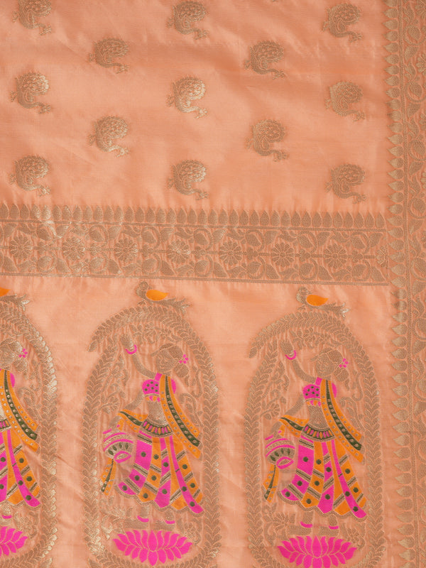 Peach Paithani Silk Dupatta with Traditional Peacock Motifs (Size: 2.5x1 m Approx)