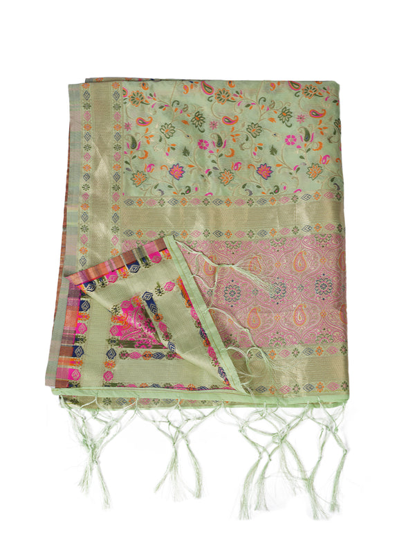 Light Green Kashmiri Silk Dupatta with Multicolour Floral Vine Weave & Zari Border (Size: 2.5x1 m Approx)