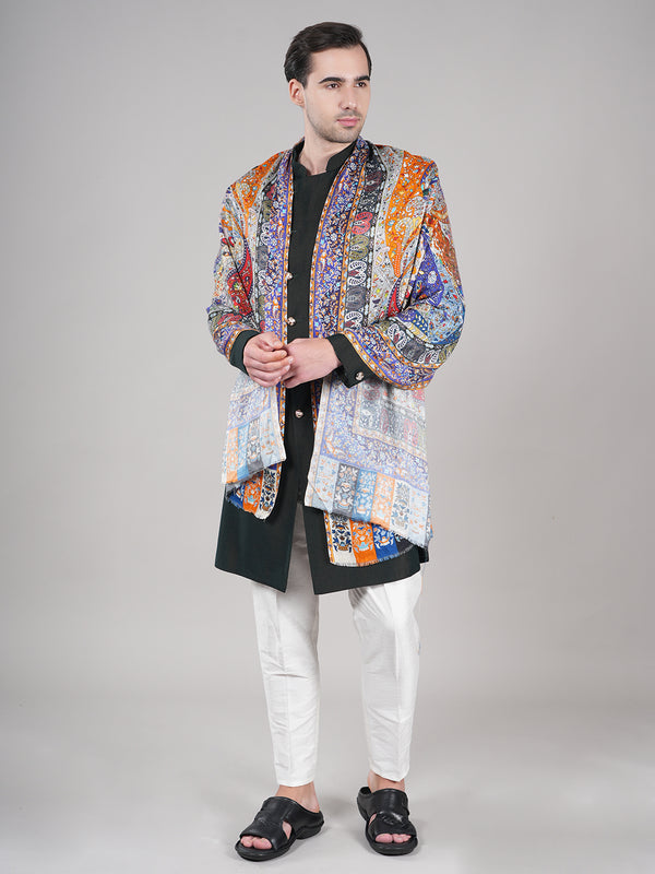 Bamboo Silk Heritage Printed Mens Stole | Refined Traditional Statement Wrap (80 × 28 Inches)