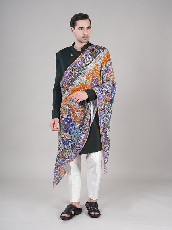 Bamboo Silk Heritage Printed Mens Stole | Refined Traditional Statement Wrap (80 × 28 Inches)