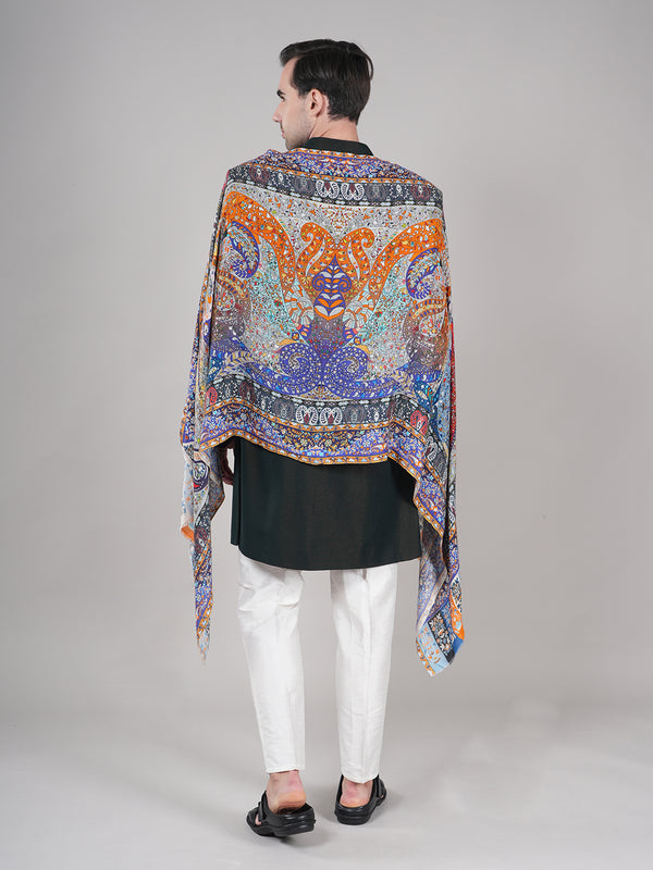 Bamboo Silk Heritage Printed Mens Stole | Refined Traditional Statement Wrap (80 × 28 Inches)