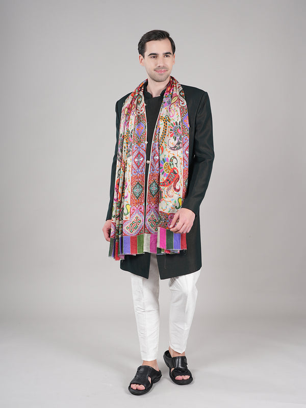 Bamboo Silk Heritage Printed Mens Stole | Refined Traditional Statement Wrap (80 × 28 Inches)