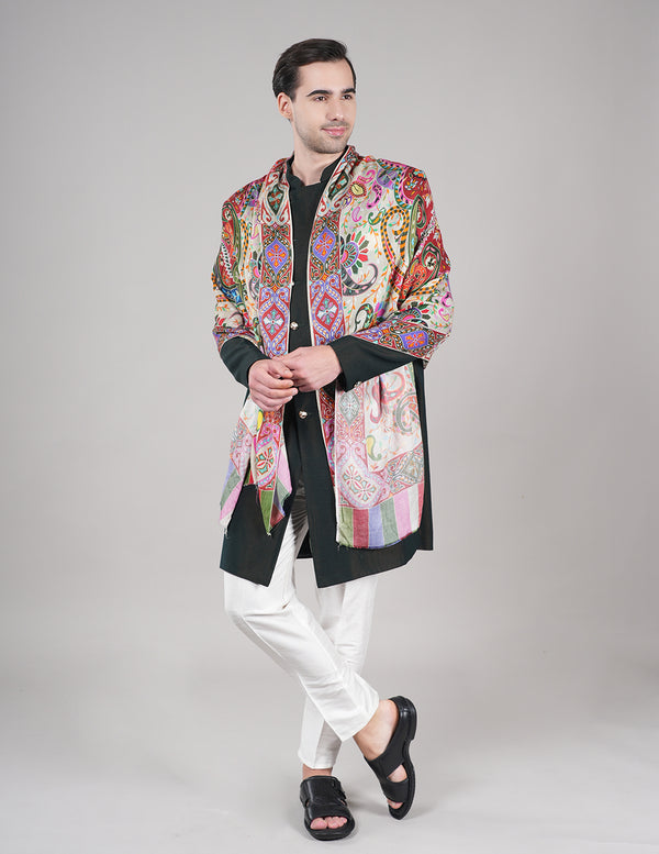 Bamboo Silk Heritage Printed Mens Stole | Refined Traditional Statement Wrap (80 × 28 Inches)