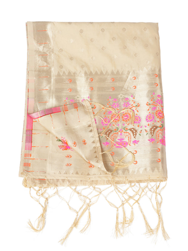Cream Paithani Silk Dupatta with Gold Zari Butti & Traditional Border (Size: 2.5x1 m Approx)