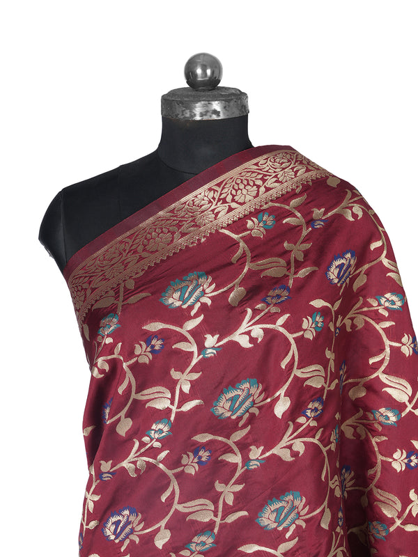 Wine Paithani Silk Dupatta with Floral Zari Jaal & Traditional Border (Size: 2.5x1 m Approx)