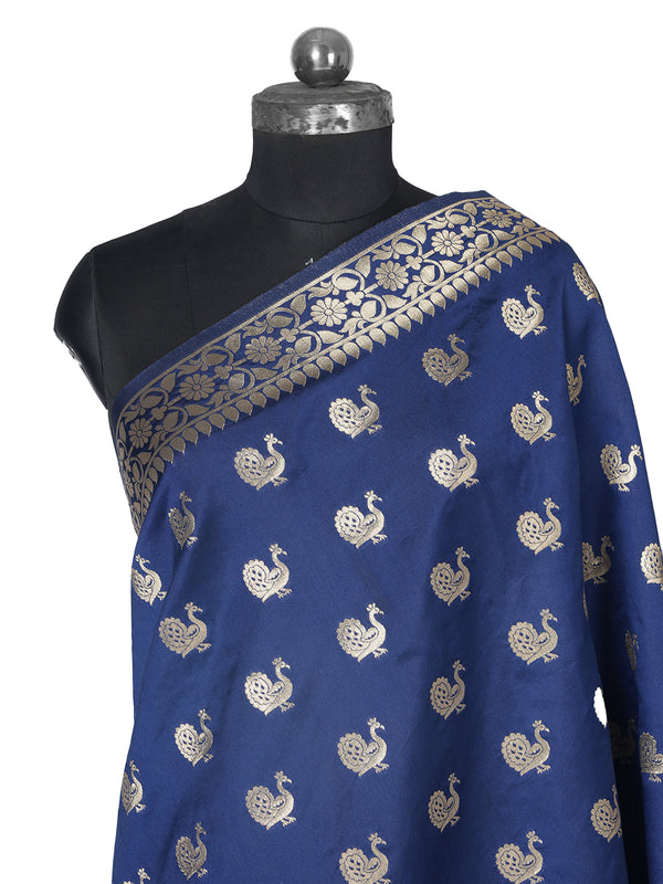 Navy Blue Paithani Silk Dupatta with Traditional Peacock Motifs (Size: 2.5x1 m Approx)