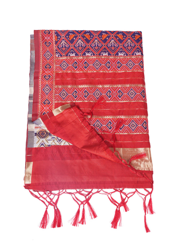 Royal Orange Paithani Silk Dupatta with Geometric Motifs & Contrast Zari Border (Size: 2.5x1 m Approx)