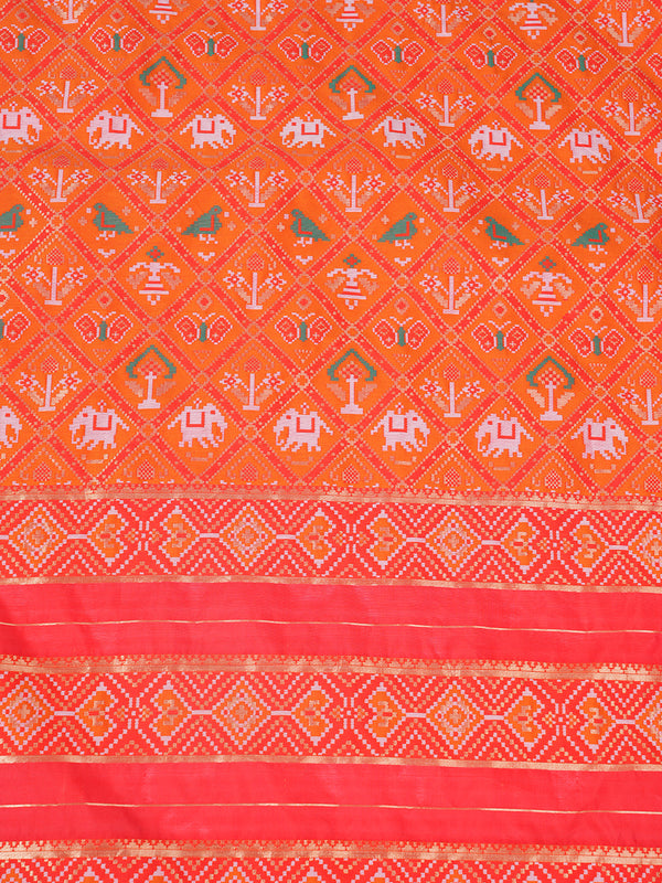 Orange Paithani Silk Dupatta with Geometric Motifs & Contrast Zari Border (Size: 2.5x1 m Approx)