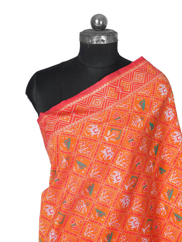 Orange Paithani Silk Dupatta with Geometric Motifs & Contrast Zari Border (Size: 2.5x1 m Approx)