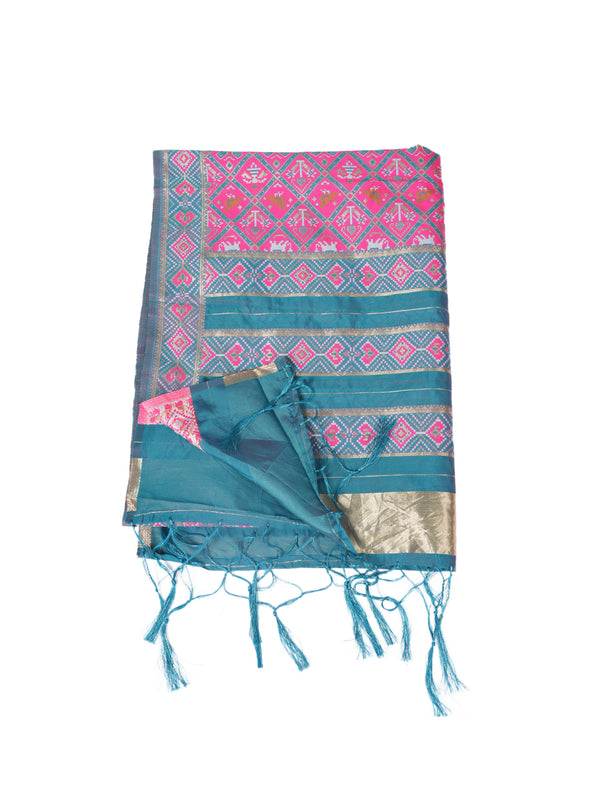 Royal Pink Paithani Silk Dupatta with Geometric Motifs & Contrast Zari Border (Size: 2.5x1 m Approx)