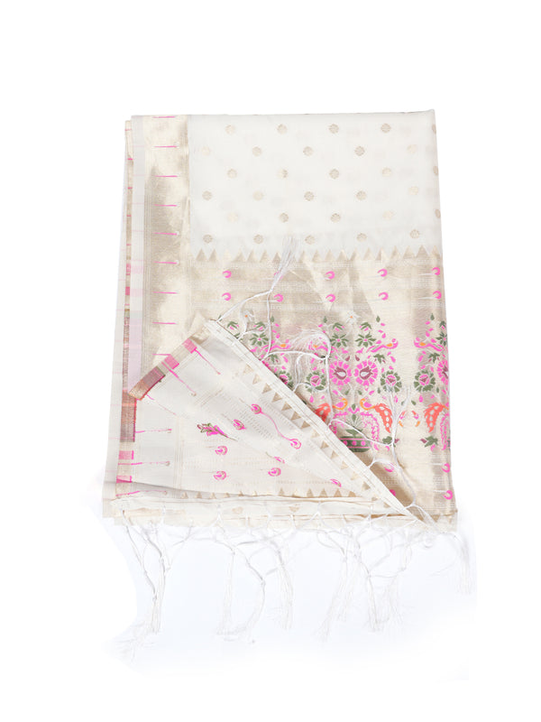 White Paithani Silk Dupatta with Gold Zari Butti & Traditional Border (Size: 2.5x1 m Approx)