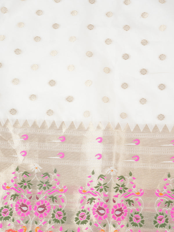 White Paithani Silk Dupatta with Gold Zari Butti & Traditional Border (Size: 2.5x1 m Approx)