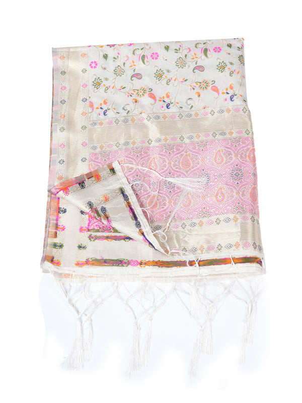 White Kashmiri Silk Dupatta with Multicolour Floral Vine Weave & Zari Border (Size: 2.5x1 m Approx)