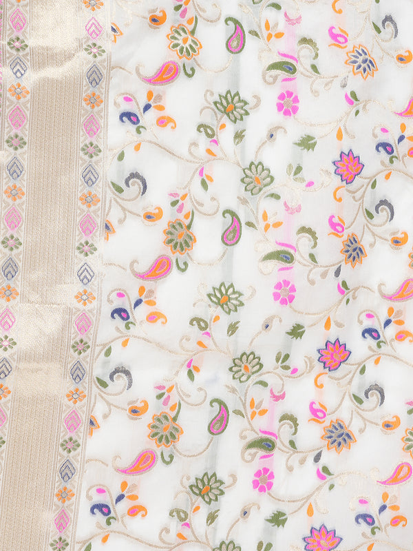 White Kashmiri Silk Dupatta with Multicolour Floral Vine Weave & Zari Border (Size: 2.5x1 m Approx)