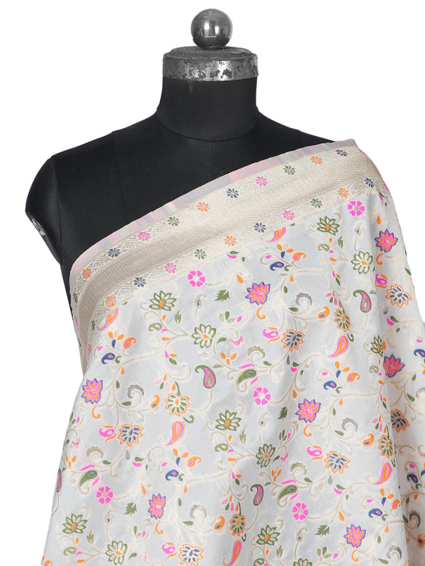 White Kashmiri Silk Dupatta with Multicolour Floral Vine Weave & Zari Border (Size: 2.5x1 m Approx)