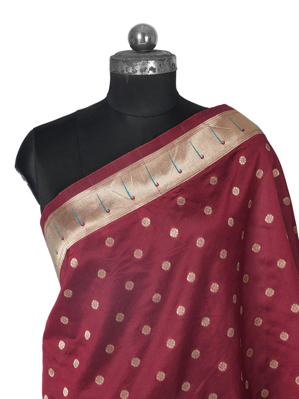 Wine Paithani Silk Dupatta with Gold Zari Butti & Traditional Border (Size: 2.5x1 m Approx)