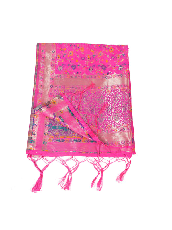 Rani Kashmiri Silk Dupatta with Multicolour Floral Vine Weave & Zari Border (Size: 2.5x1 m Approx)