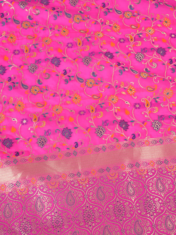 Rani Kashmiri Silk Dupatta with Multicolour Floral Vine Weave & Zari Border (Size: 2.5x1 m Approx)