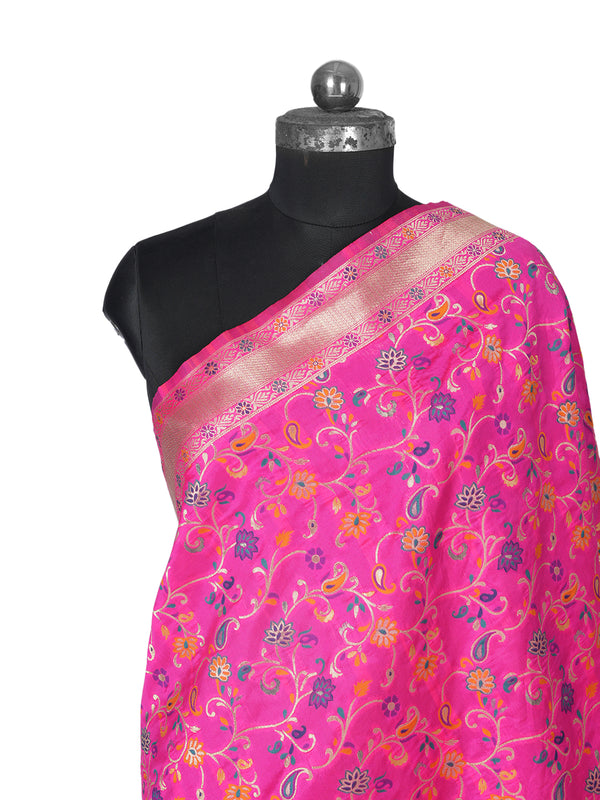 Rani Kashmiri Silk Dupatta with Multicolour Floral Vine Weave & Zari Border (Size: 2.5x1 m Approx)