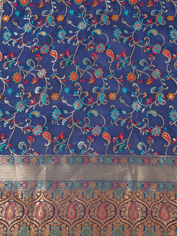 Blue Kashmiri Silk Dupatta with Multicolour Floral Vine Weave & Zari Border (Size: 2.5x1 m Approx)