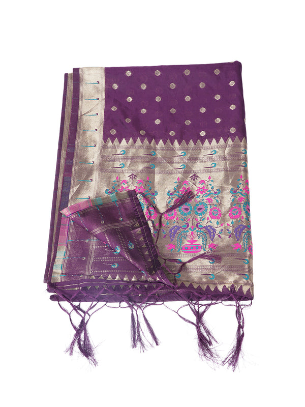 Purple Paithani Silk Dupatta with Gold Zari Butti & Traditional Border (Size: 2.5x1 m Approx)
