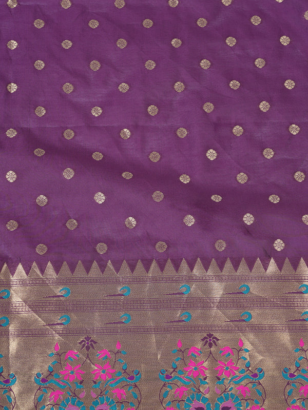 Purple Paithani Silk Dupatta with Gold Zari Butti & Traditional Border (Size: 2.5x1 m Approx)