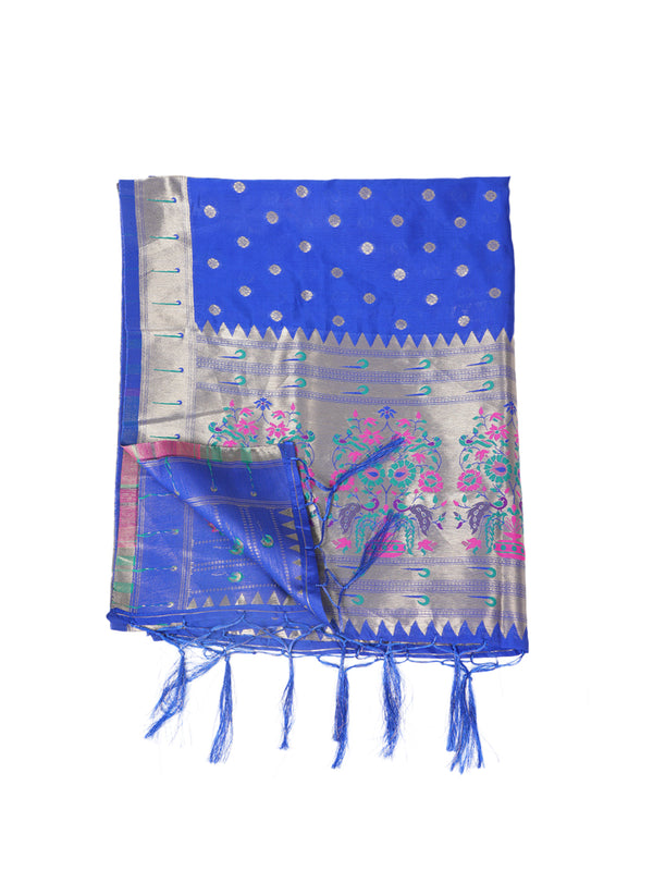 Navy Blue Paithani Silk Dupatta with Gold Zari Butti & Traditional Border (Size: 2.5x1 m Approx)