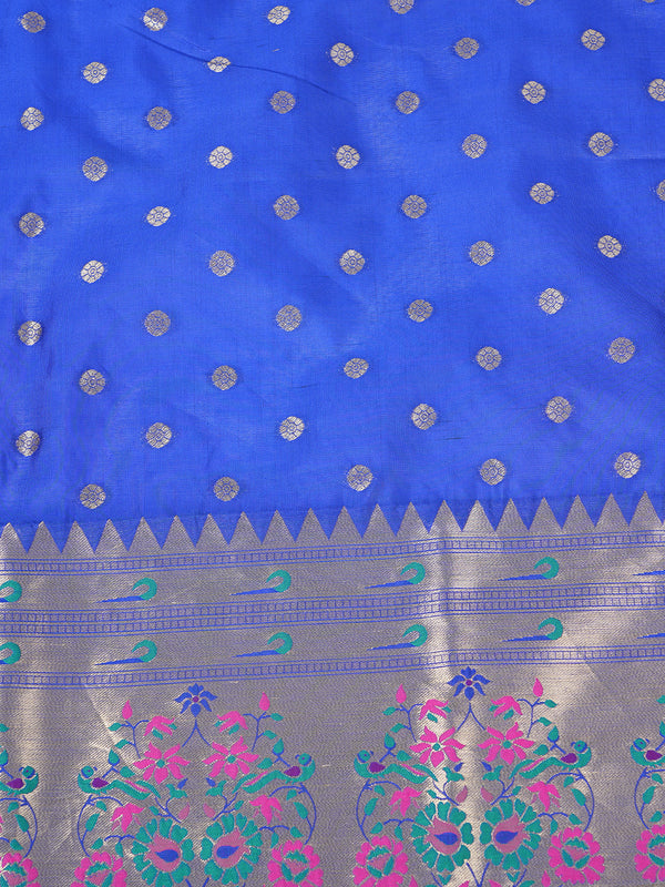 Navy Blue Paithani Silk Dupatta with Gold Zari Butti & Traditional Border (Size: 2.5x1 m Approx)