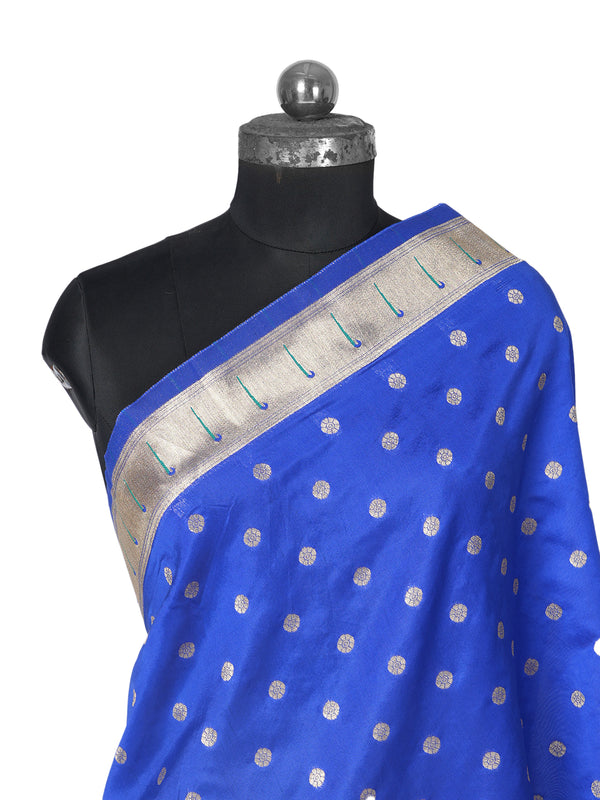 Navy Blue Paithani Silk Dupatta with Gold Zari Butti & Traditional Border (Size: 2.5x1 m Approx)