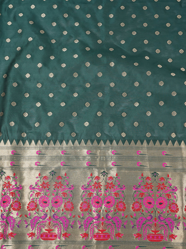 Bottle Green Paithani Silk Dupatta with Gold Zari Butti & Traditional Border (Size: 2.5x1 m Approx)