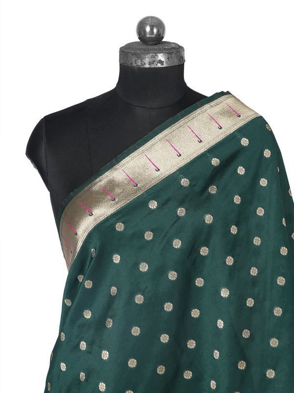 Bottle Green Paithani Silk Dupatta with Gold Zari Butti & Traditional Border (Size: 2.5x1 m Approx)