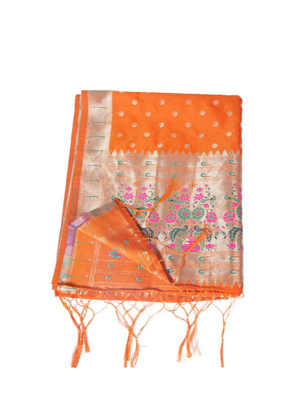 Orange Paithani Silk Dupatta with Gold Zari Butti & Traditional Border (Size: 2.5x1 m Approx)
